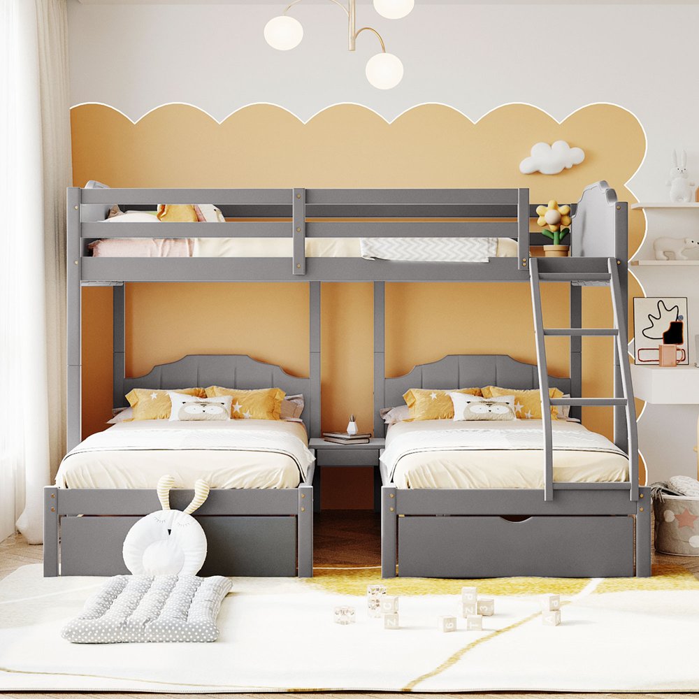 Gray Full Over Two Twins Solid Wood Bunk Bed With Drawers And Storage