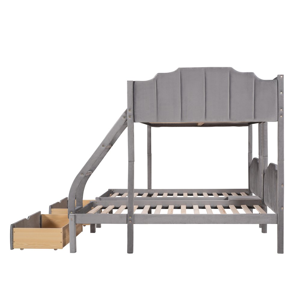 Gray Full Over Two Twins Solid Wood Bunk Bed With Drawers And Storage