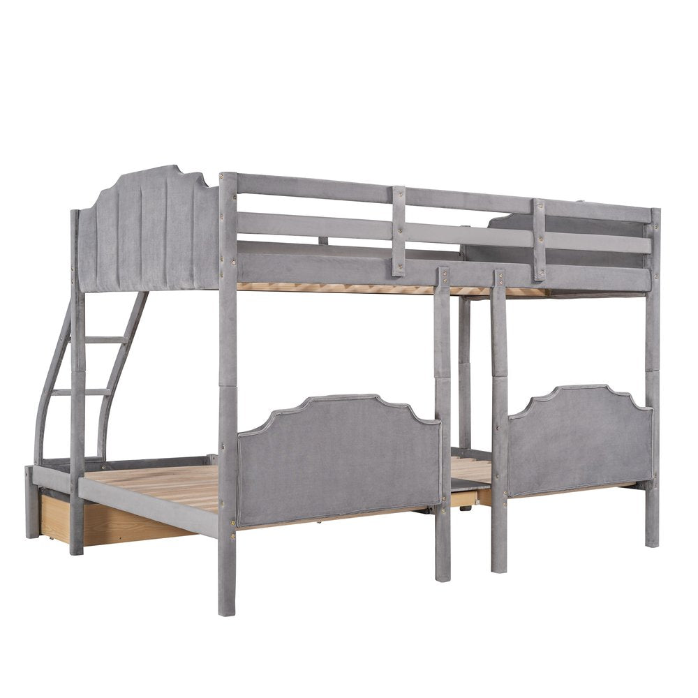 Gray Full Over Two Twins Solid Wood Bunk Bed With Drawers And Storage