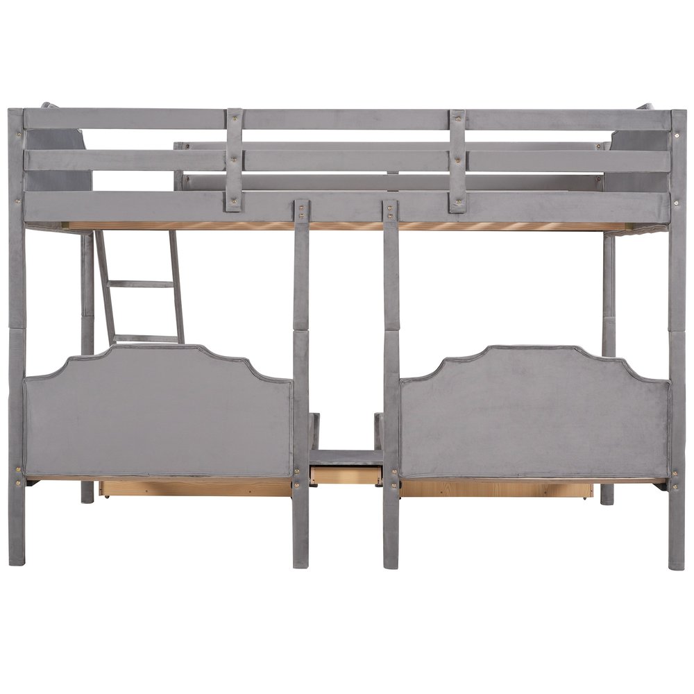 Gray Full Over Two Twins Solid Wood Bunk Bed With Drawers And Storage