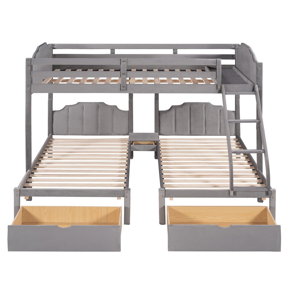 Gray Full Over Two Twins Solid Wood Bunk Bed With Drawers And Storage