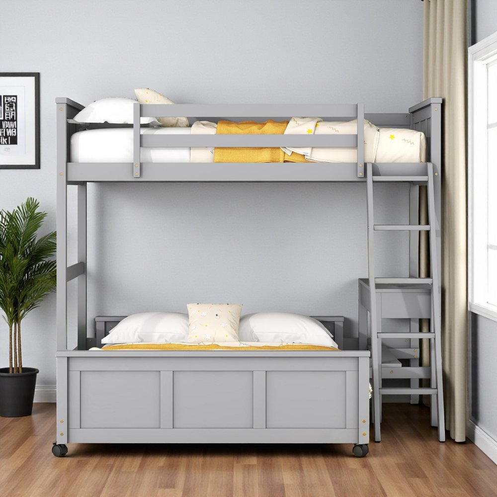 Gray Twin Over Full Wood Bunk Bed With Desk Drawers And Storage