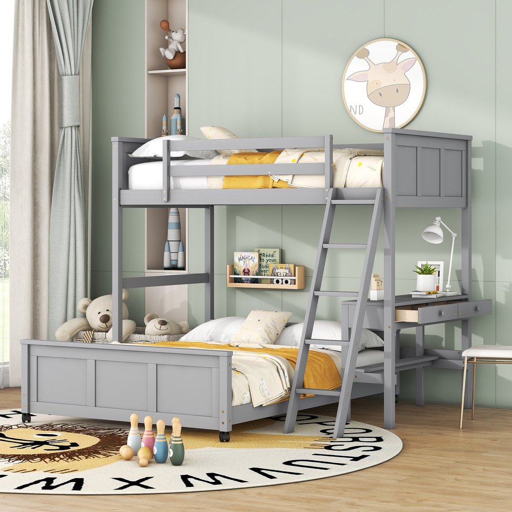 Gray Twin Over Full Wood Bunk Bed With Desk Drawers And Storage
