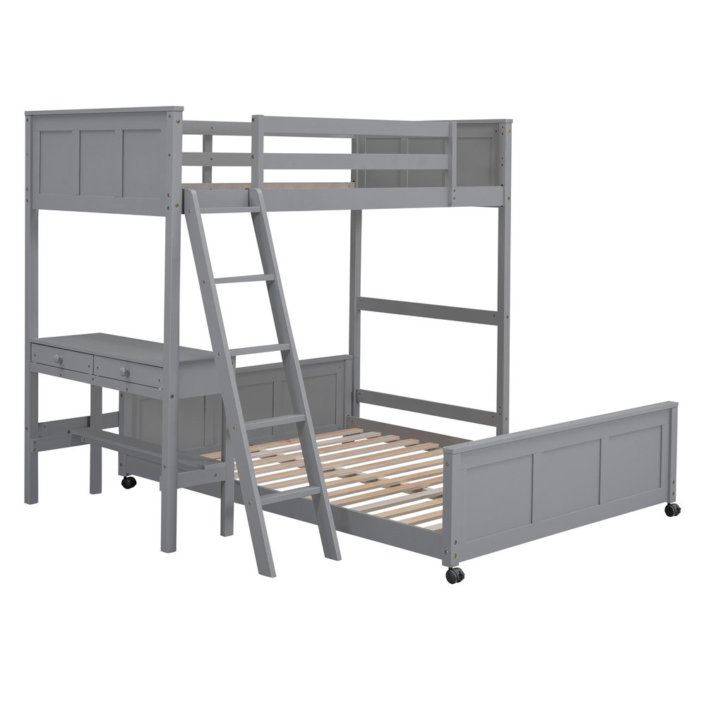 Gray Twin Over Full Wood Bunk Bed With Desk Drawers And Storage