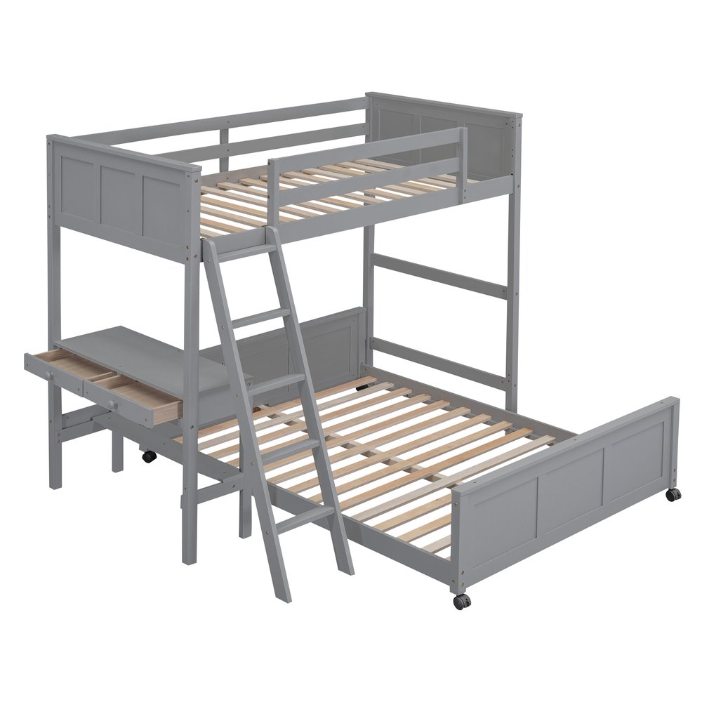 Gray Twin Over Full Wood Bunk Bed With Desk Drawers And Storage