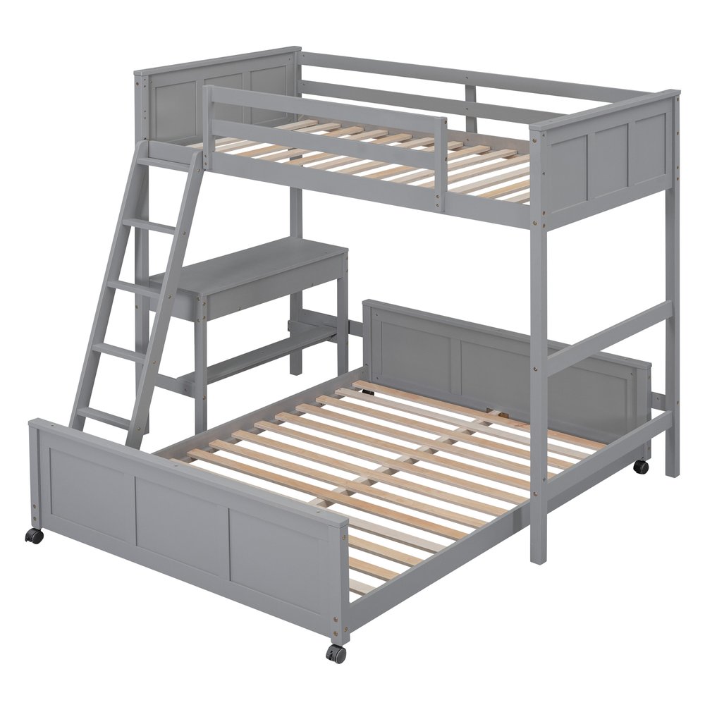 Gray Twin Over Full Wood Bunk Bed With Desk Drawers And Storage
