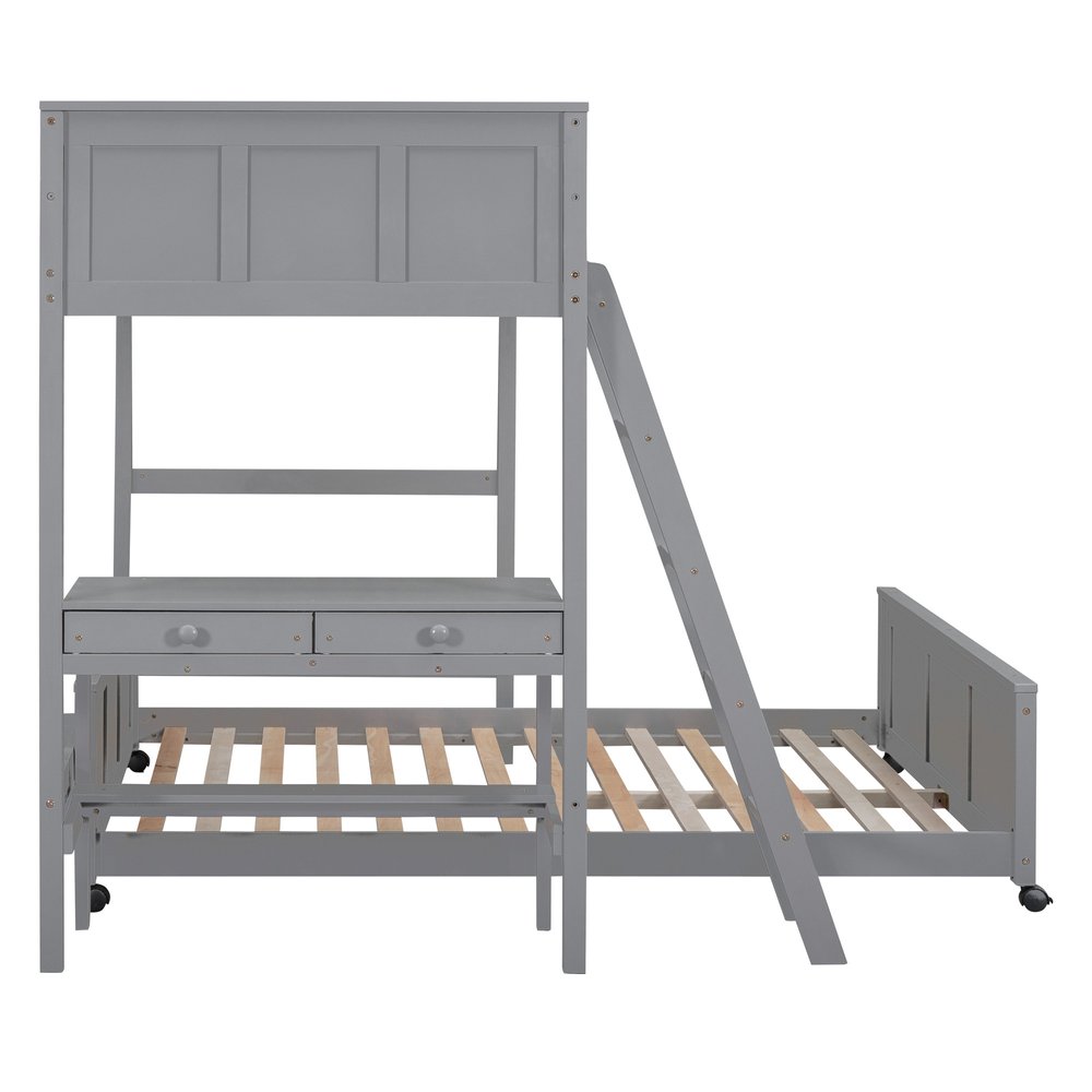 Gray Twin Over Full Wood Bunk Bed With Desk Drawers And Storage