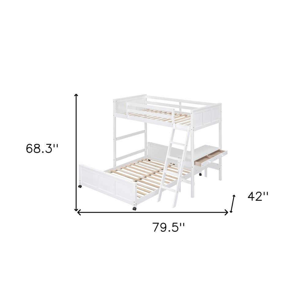 White Twin Over Full Wood Bunk Bed With Desk And Drawers And Storage