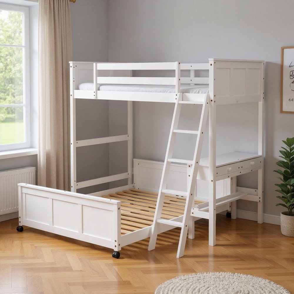 White Twin Over Full Wood Bunk Bed With Desk And Drawers And Storage