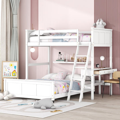 White Twin Over Full Wood Bunk Bed With Desk And Drawers And Storage