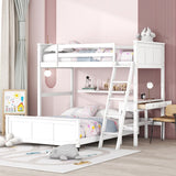 White Twin Over Full Wood Bunk Bed With Desk And Drawers And Storage