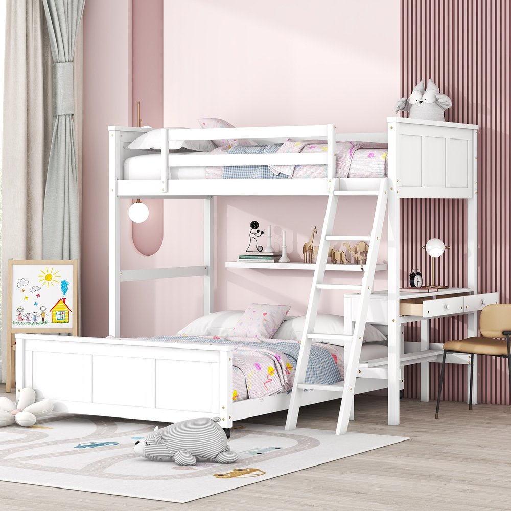 White Twin Over Full Wood Bunk Bed With Desk And Drawers And Storage