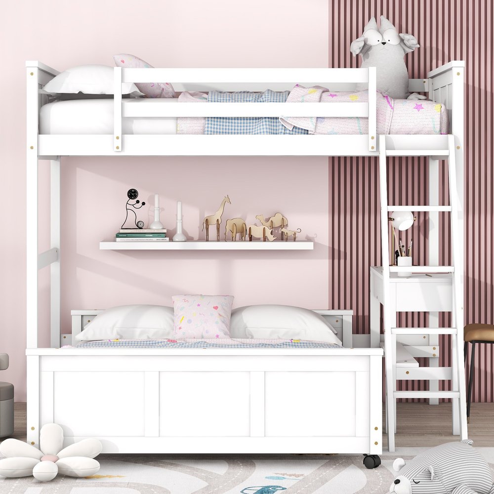 White Twin Over Full Wood Bunk Bed With Desk And Drawers And Storage
