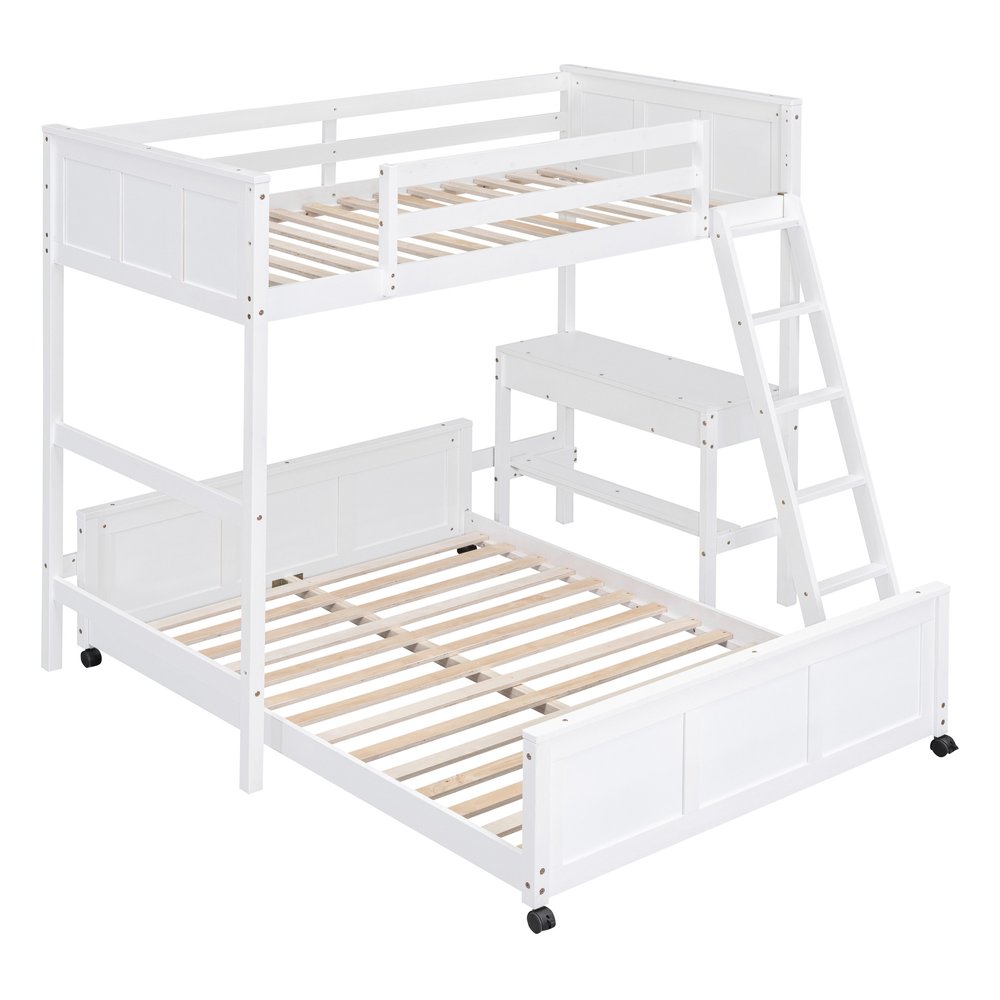 White Twin Over Full Wood Bunk Bed With Desk And Drawers And Storage