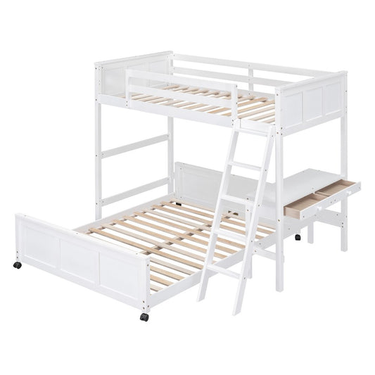 White Twin Over Full Wood Bunk Bed With Desk And Drawers And Storage
