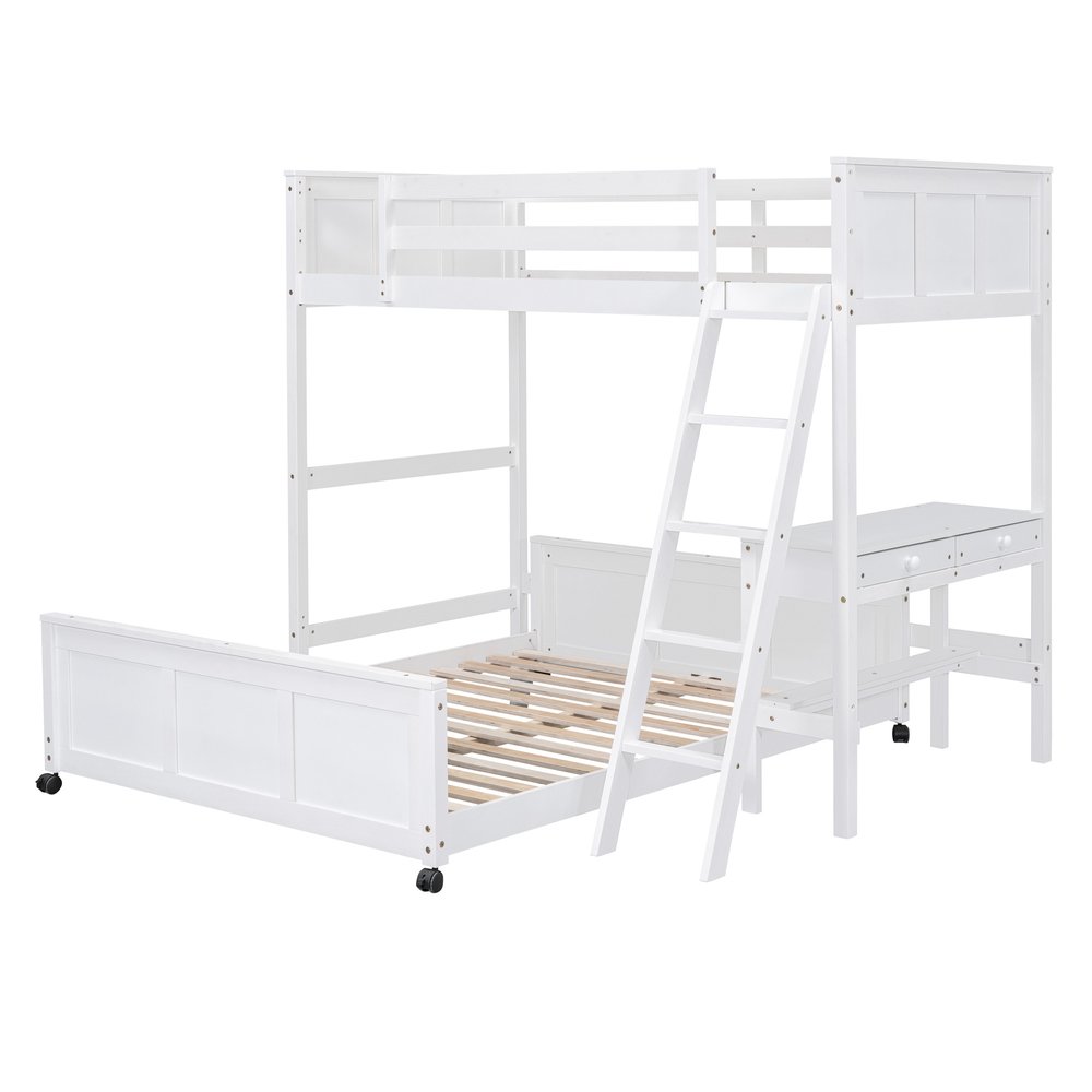 White Twin Over Full Wood Bunk Bed With Desk And Drawers And Storage