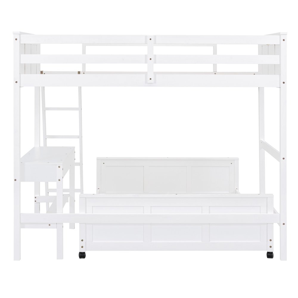 White Twin Over Full Wood Bunk Bed With Desk And Drawers And Storage