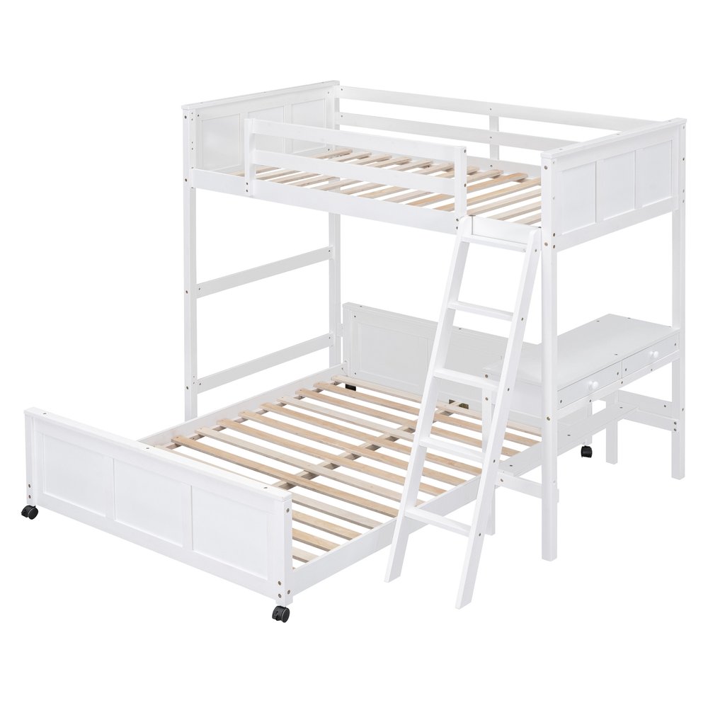 White Twin Over Full Wood Bunk Bed With Desk And Drawers And Storage