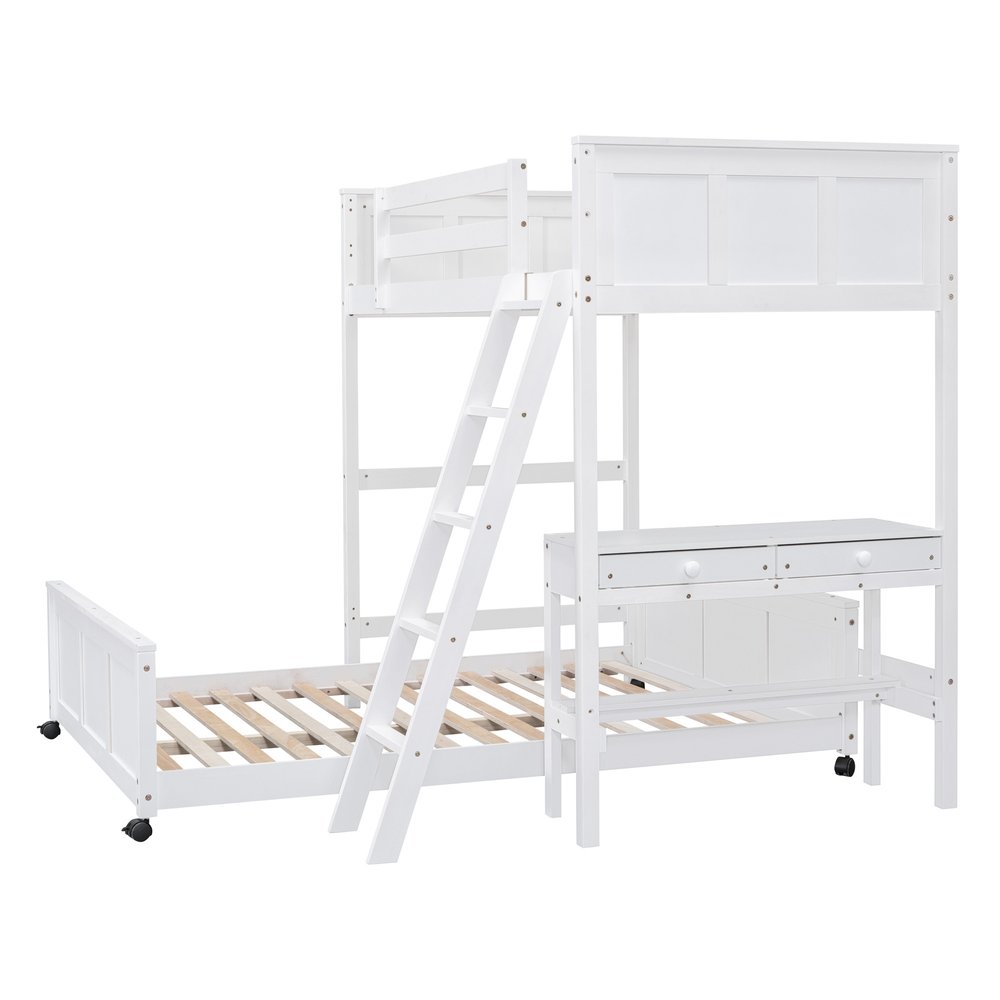 White Twin Over Full Wood Bunk Bed With Desk And Drawers And Storage