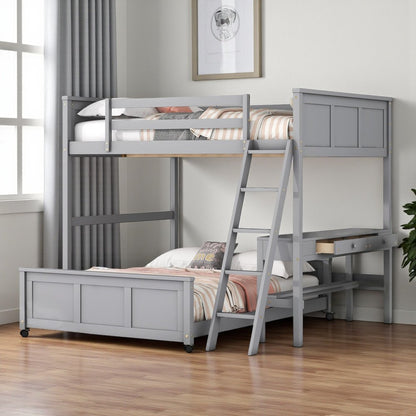 Gray Full Over Full Wood Bunk Bed With Desk And Storage