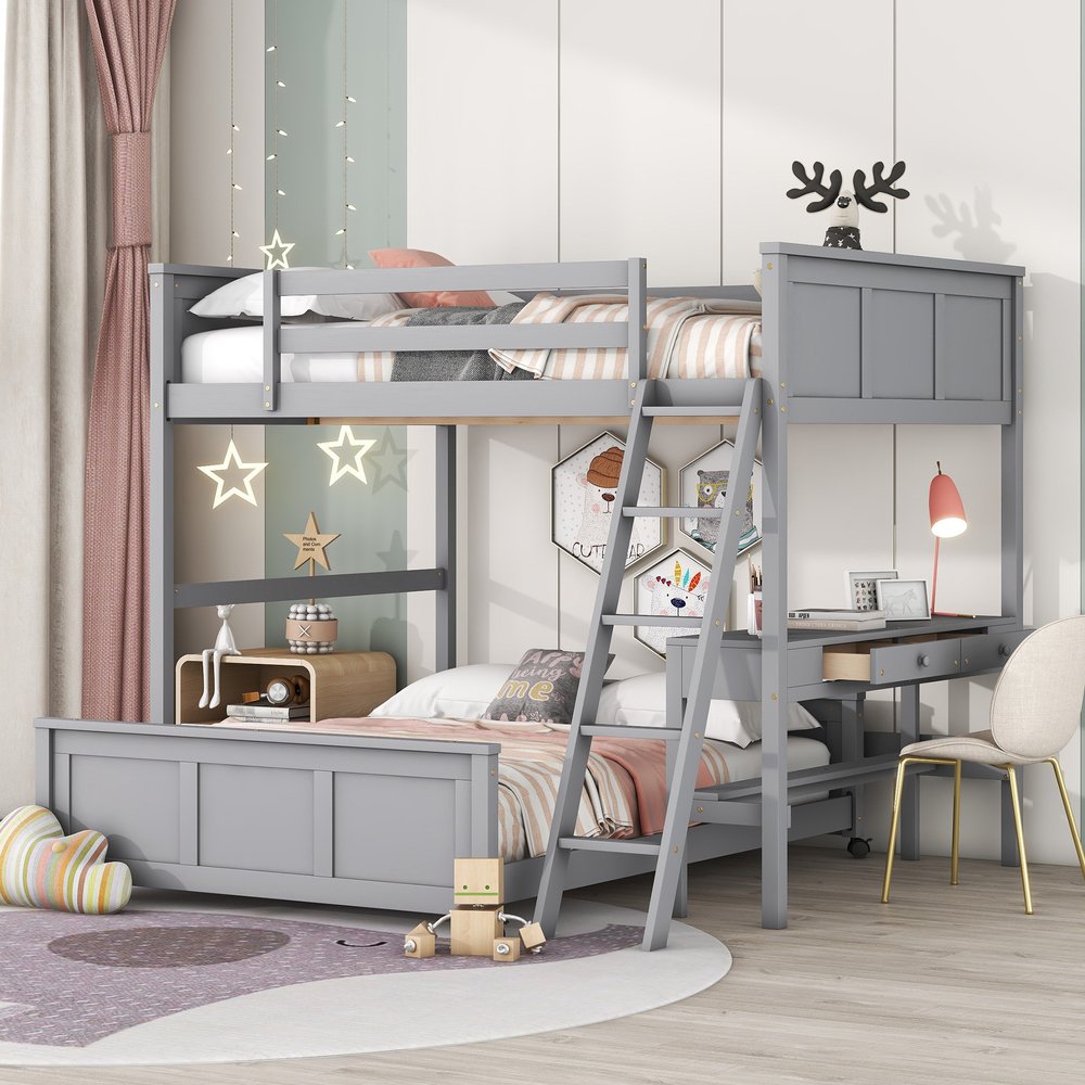 Gray Full Over Full Wood Bunk Bed With Desk And Storage