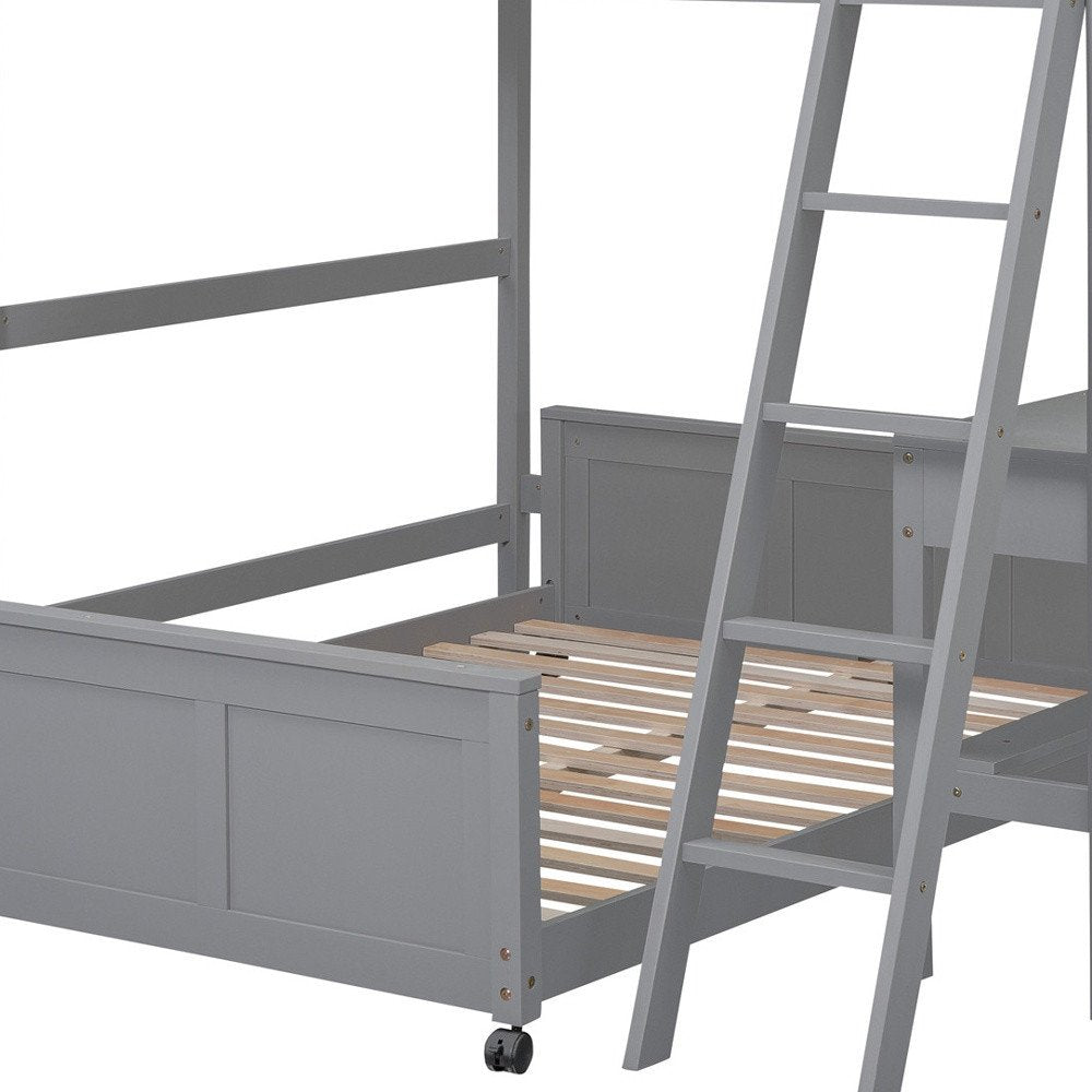 Gray Full Over Full Wood Bunk Bed With Desk And Storage