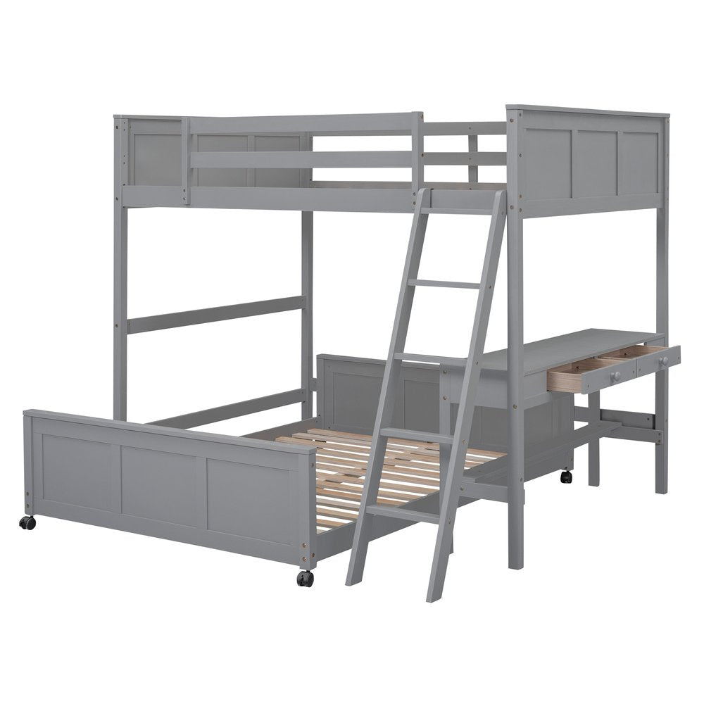 Gray Full Over Full Wood Bunk Bed With Desk And Storage