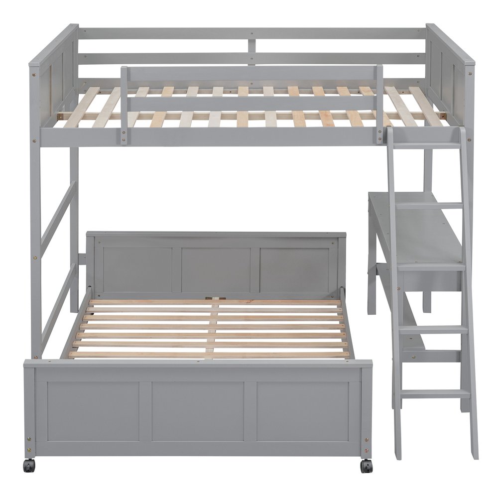Gray Full Over Full Wood Bunk Bed With Desk And Storage