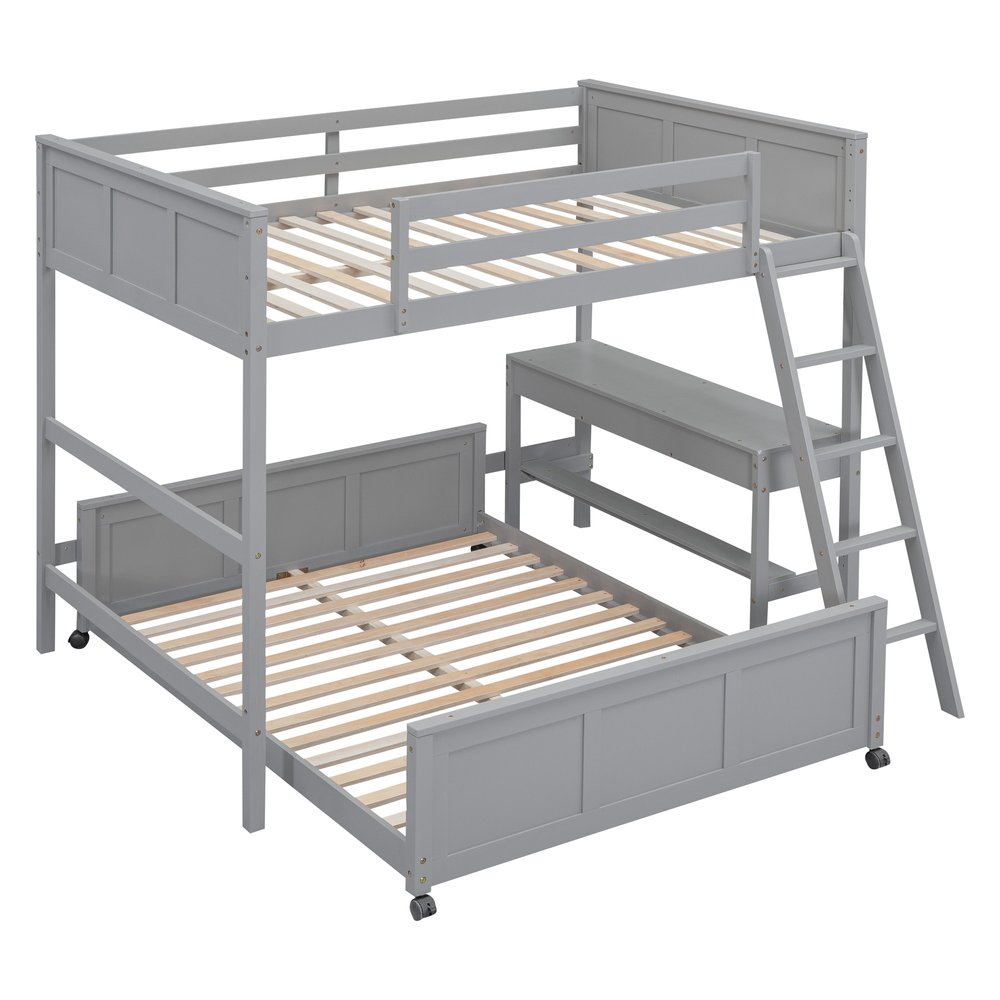 Gray Full Over Full Wood Bunk Bed With Desk And Storage
