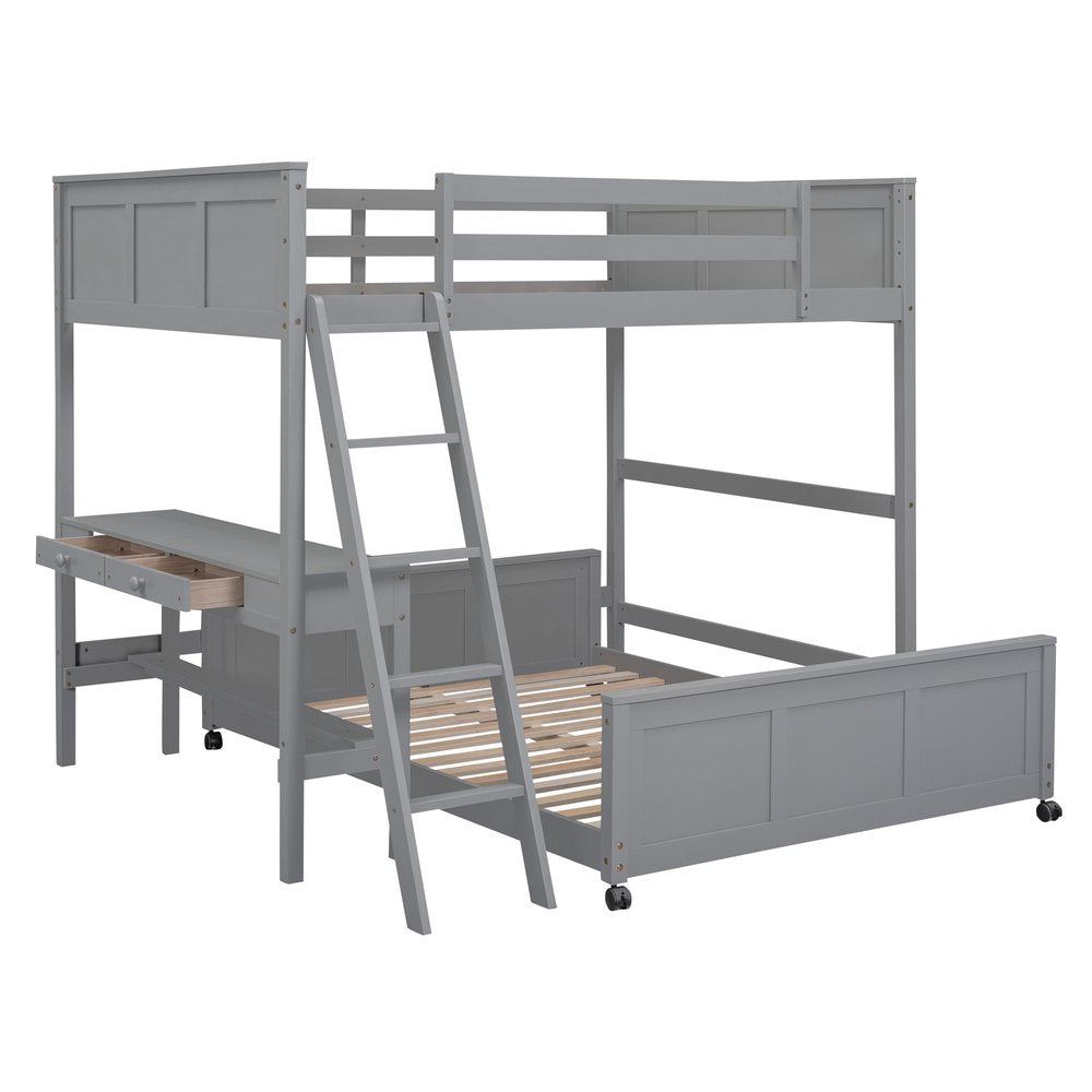 Gray Full Over Full Wood Bunk Bed With Desk And Storage