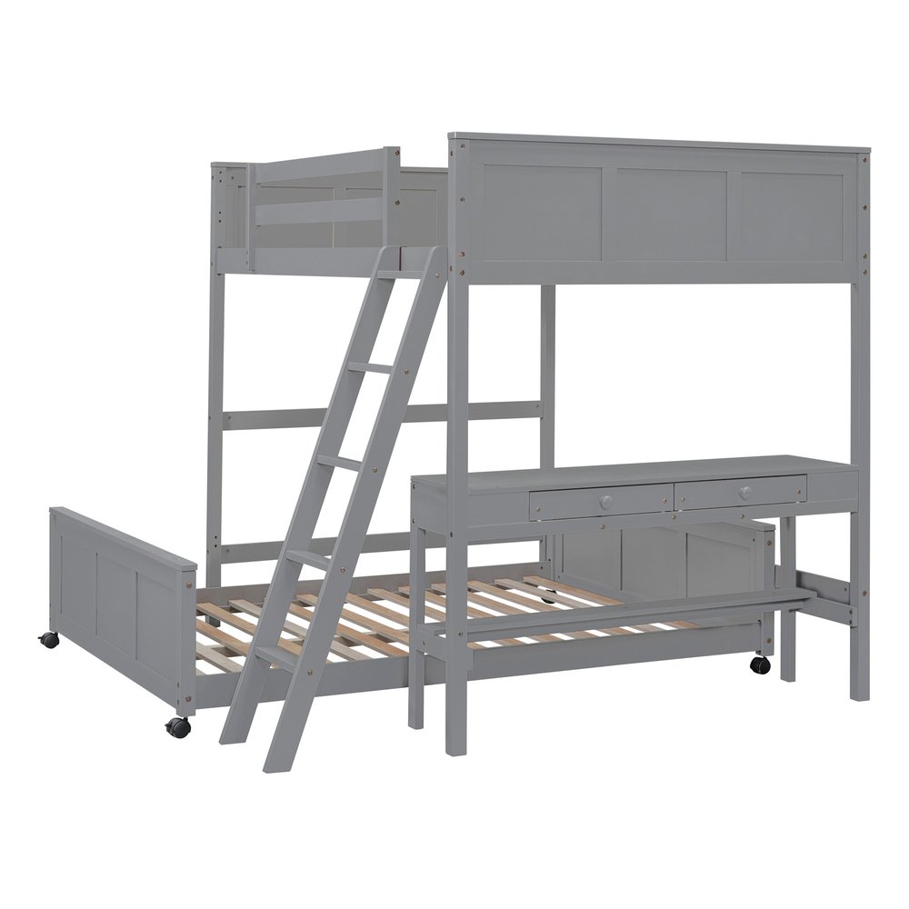 Gray Full Over Full Wood Bunk Bed With Desk And Storage