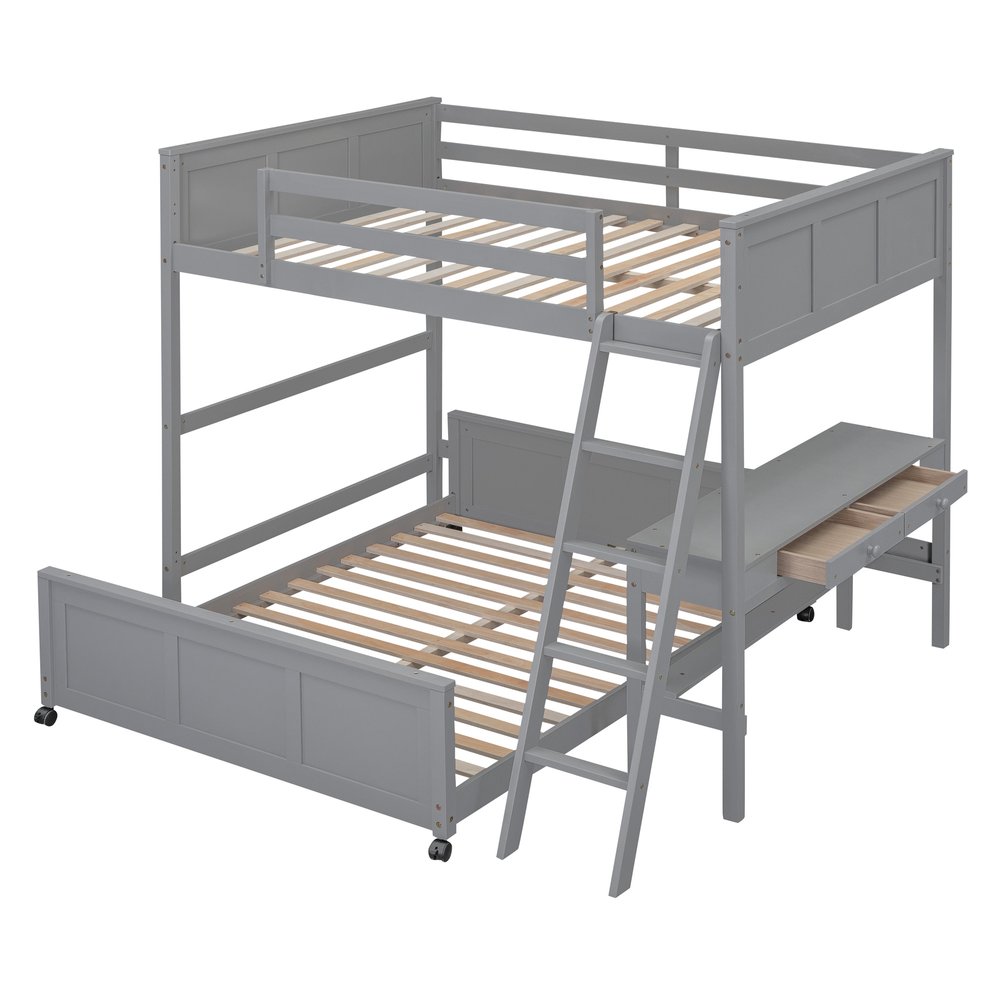 Gray Full Over Full Wood Bunk Bed With Desk And Storage
