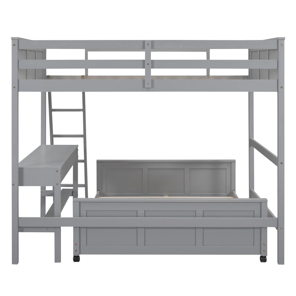 Gray Full Over Full Wood Bunk Bed With Desk And Storage