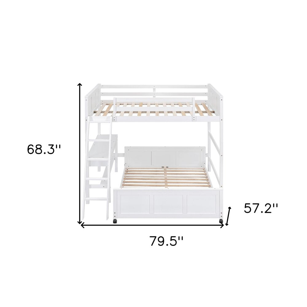 White Full Over Full Wood Bunk Bed With Desk And Drawers And Storage