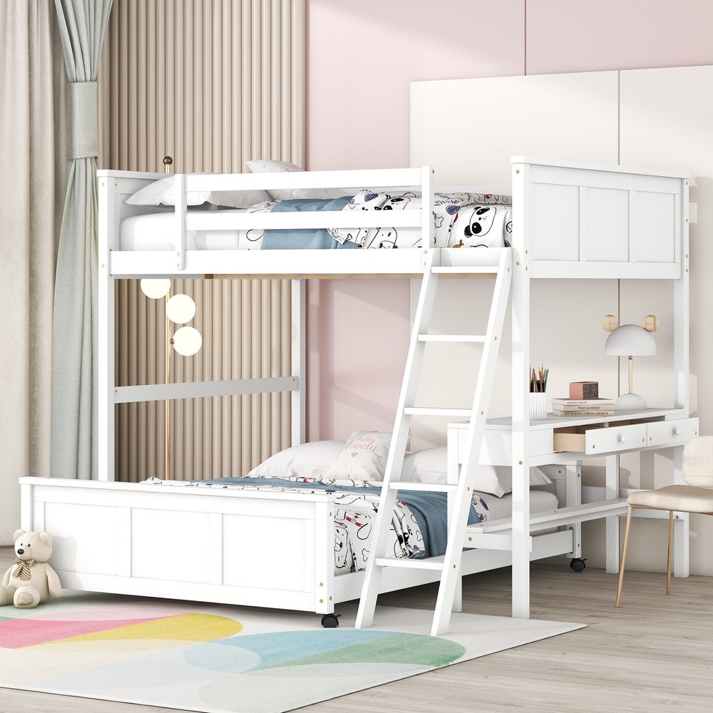White Full Over Full Wood Bunk Bed With Desk And Drawers And Storage