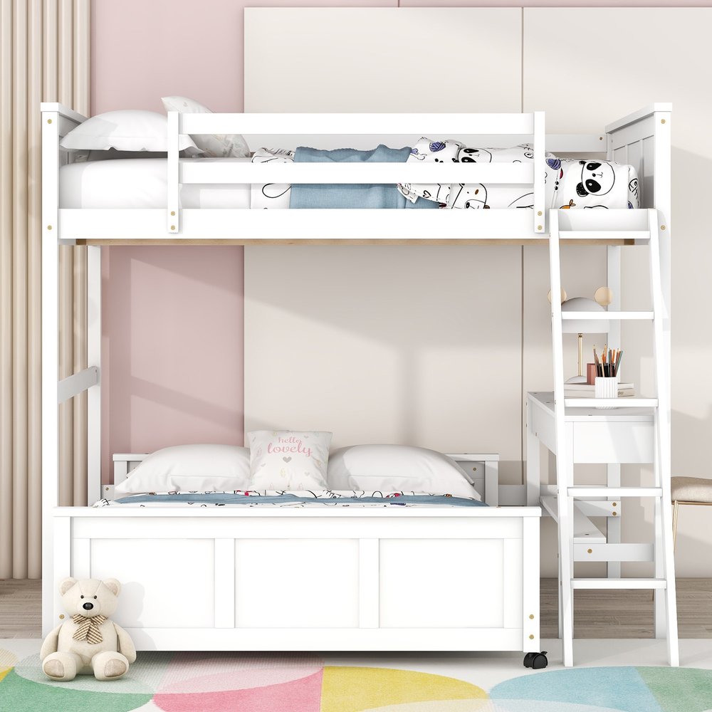 White Full Over Full Wood Bunk Bed With Desk And Drawers And Storage