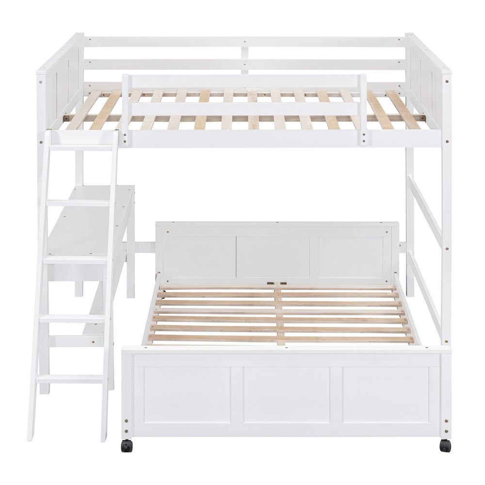 White Full Over Full Wood Bunk Bed With Desk And Drawers And Storage