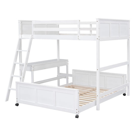 White Full Over Full Wood Bunk Bed With Desk And Drawers And Storage