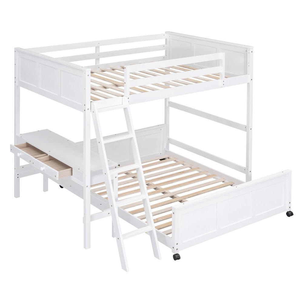 White Full Over Full Wood Bunk Bed With Desk And Drawers And Storage