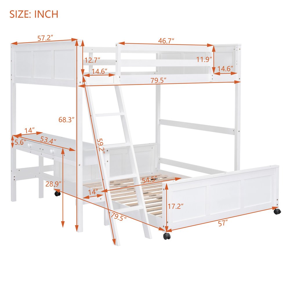 White Full Over Full Wood Bunk Bed With Desk And Drawers And Storage