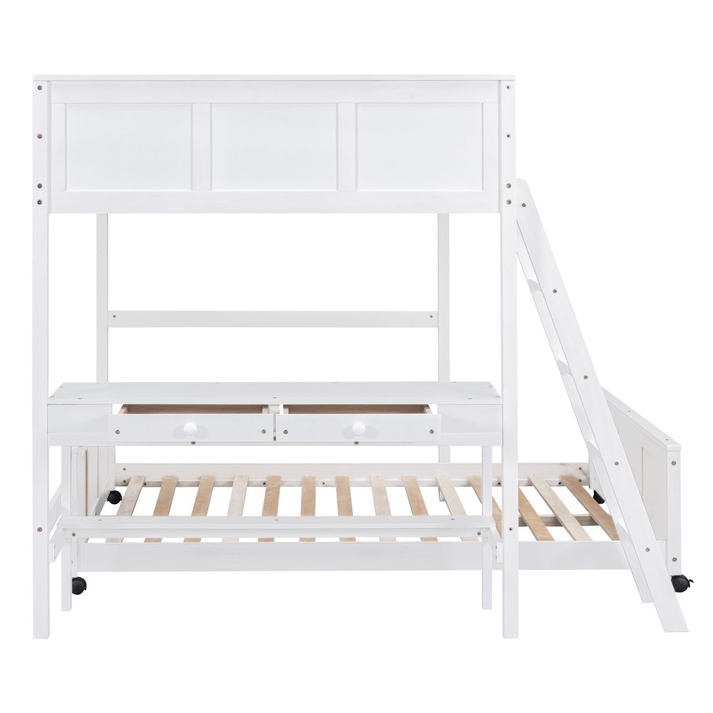 White Full Over Full Wood Bunk Bed With Desk And Drawers And Storage