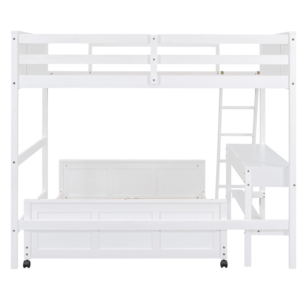 White Full Over Full Wood Bunk Bed With Desk And Drawers And Storage