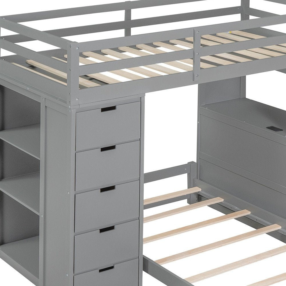Gray Twin Over Twin Solid Wood Bunk Bed With Desk And Drawers And Storage