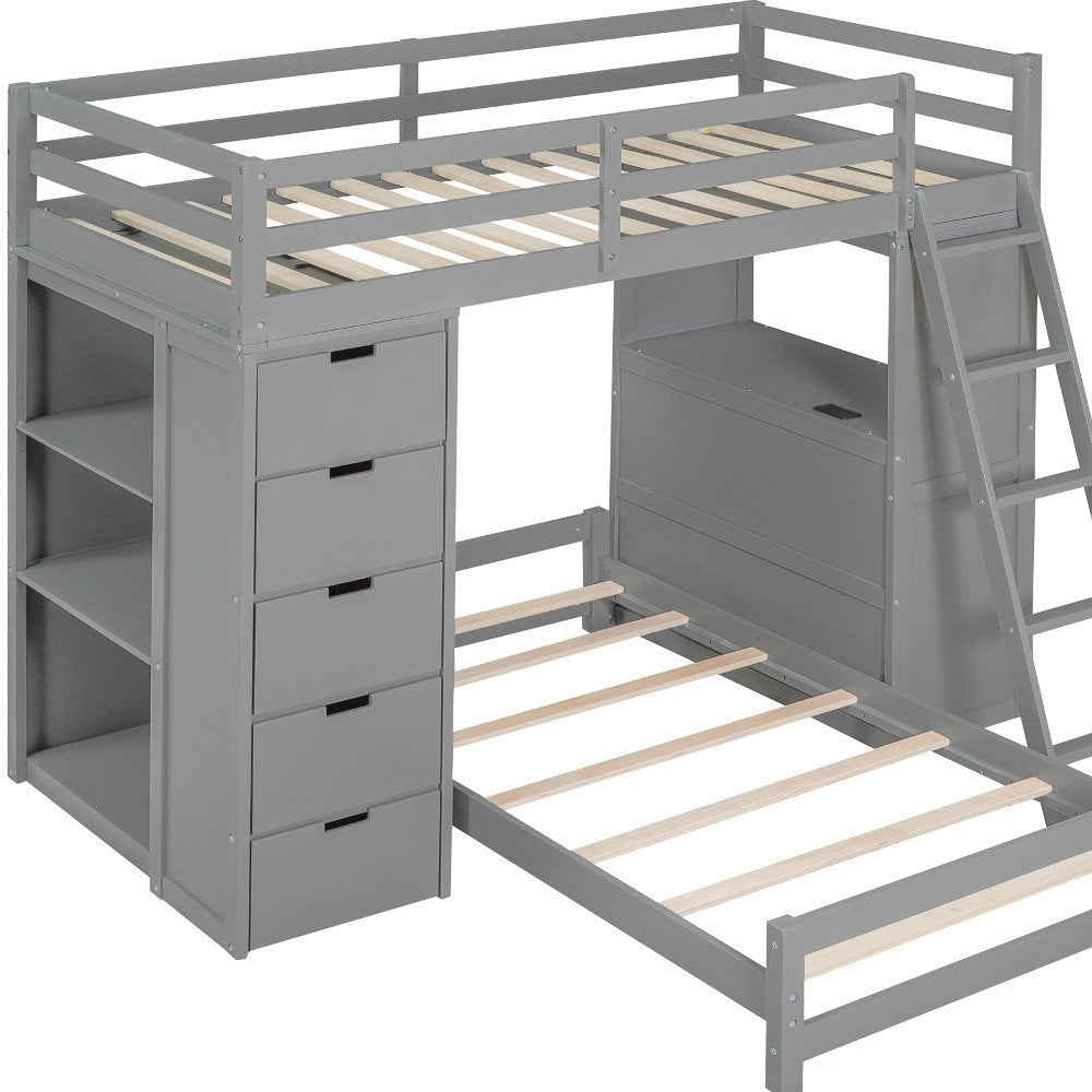 Gray Twin Over Twin Solid Wood Bunk Bed With Desk And Drawers And Storage
