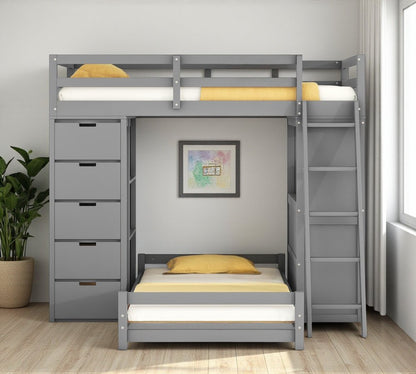 Gray Twin Over Twin Solid Wood Bunk Bed With Desk And Drawers And Storage