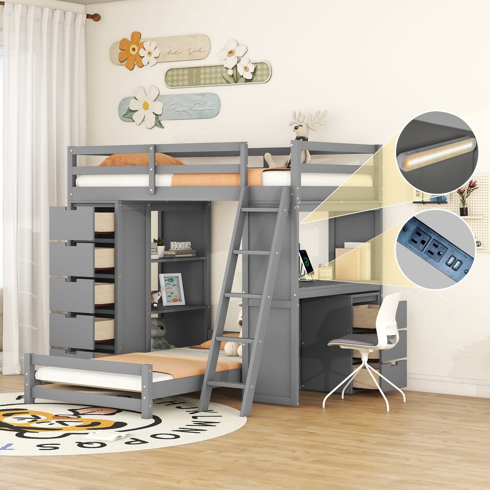 Gray Twin Over Twin Solid Wood Bunk Bed With Desk And Drawers And Storage