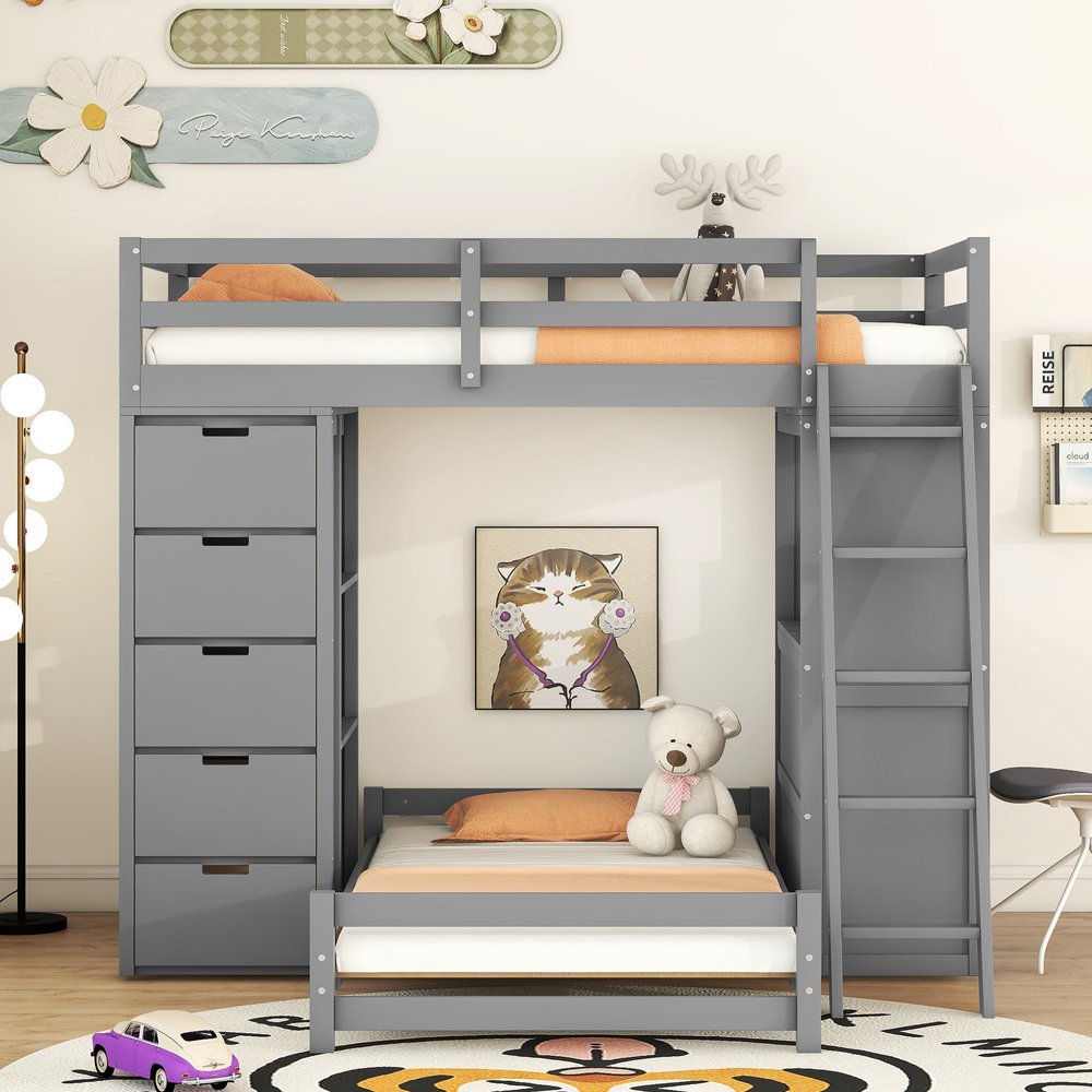 Gray Twin Over Twin Solid Wood Bunk Bed With Desk And Drawers And Storage