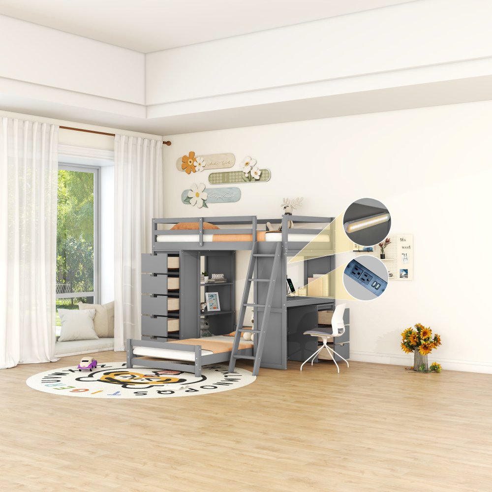 Gray Twin Over Twin Solid Wood Bunk Bed With Desk And Drawers And Storage