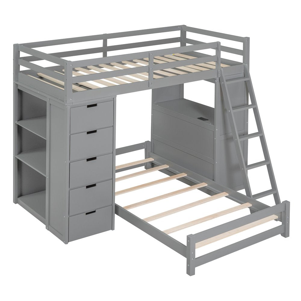 Gray Twin Over Twin Solid Wood Bunk Bed With Desk And Drawers And Storage