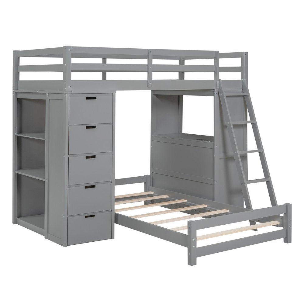 Gray Twin Over Twin Solid Wood Bunk Bed With Desk And Drawers And Storage